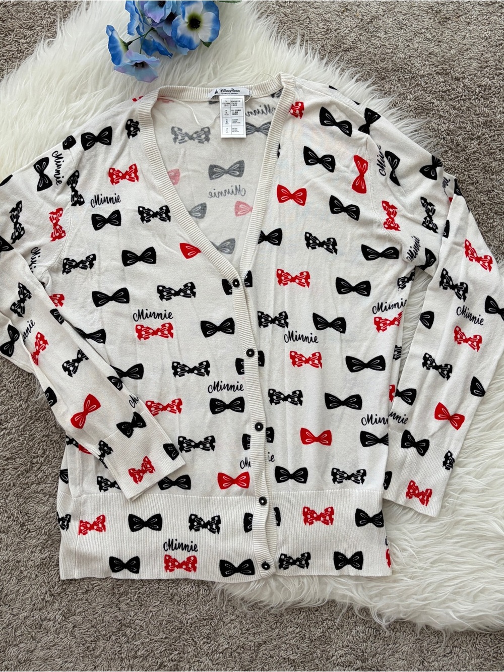 Disney Park Cardigan Minnie Mouse White Red & Black Bows Size L